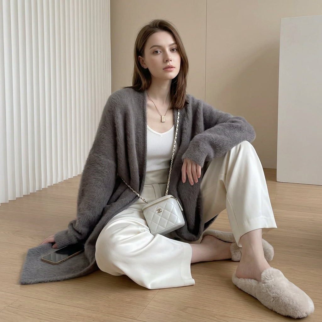 Relaxed Longline Faux Mink Knit Cardigan