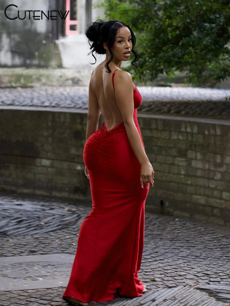 Shiny Spaghetti Strap Backless Maxi Dress