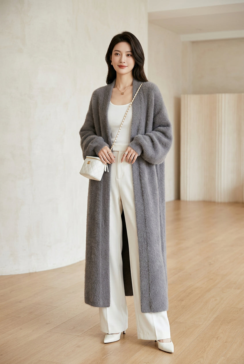 Relaxed Longline Faux Mink Knit Cardigan