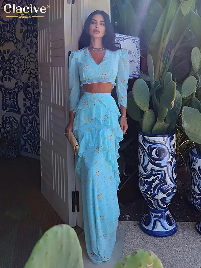 Loose Print 2 Piece Set Women 2026 Fashion Long Sleeve Crop Top With High Waist Long Skirt