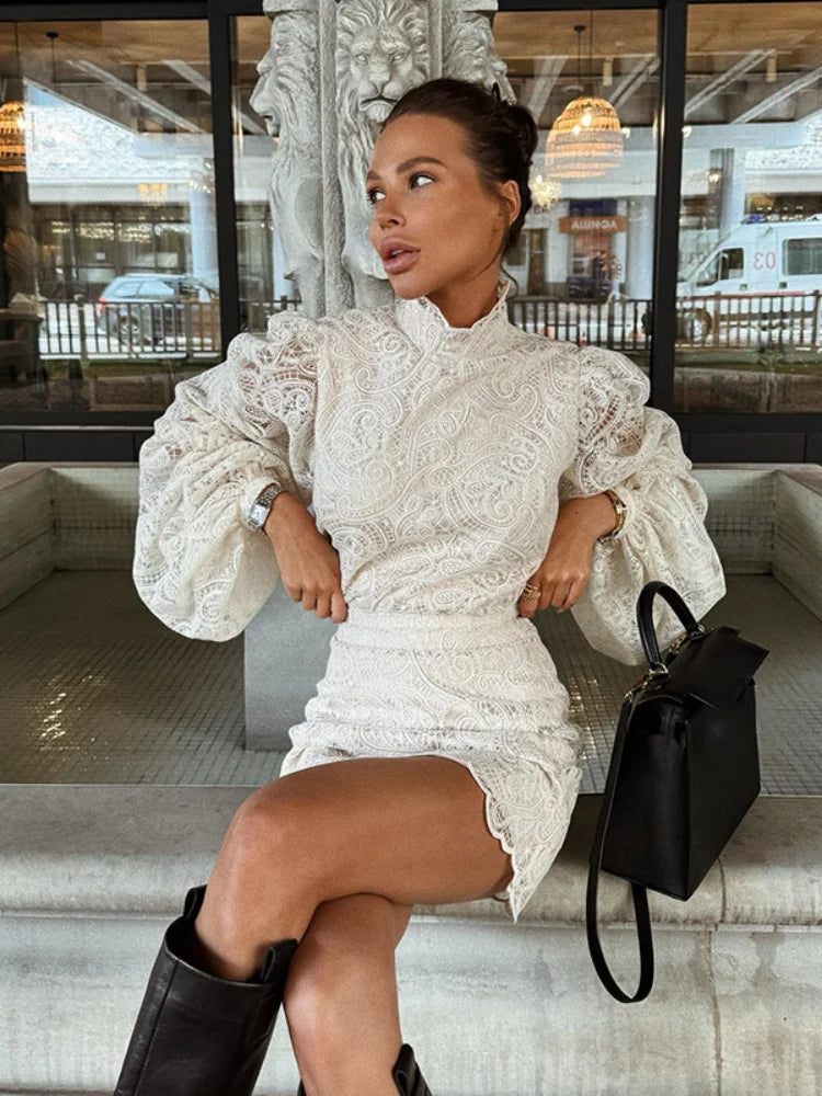 Women Lace Hollow Out Mini Dress Elegant Long Sleeve Designs Chic High Neck Short 2026 Trendy Spring Club Night Gown