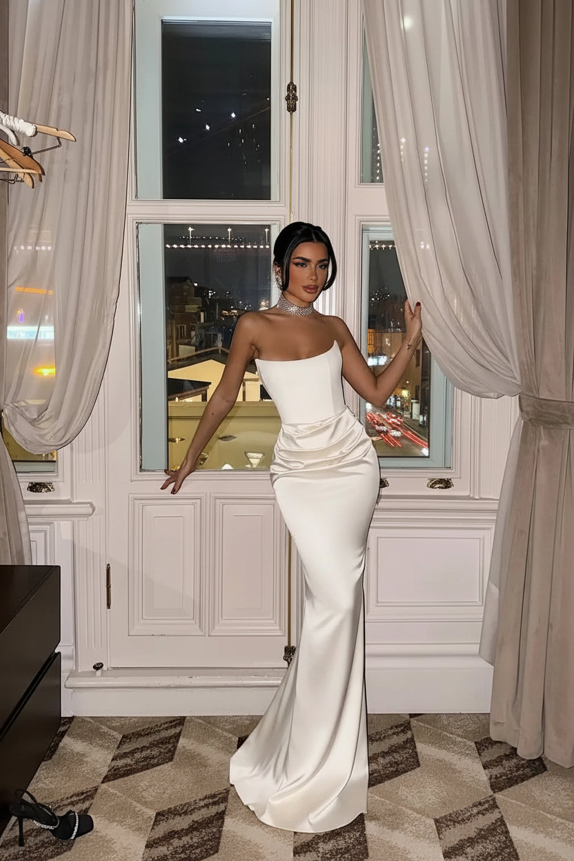 Solid White Strapless High Waist Maxi Dress Women Elegant Sleeveless Backless Pleated Satin Slim Dresses  Party Evening Gowns
