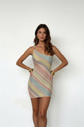 Elegant Woman Dress Multi Color Patchwork Diagonal Collar Mini Dress Women Summer Sleeveless Sexy Bodycon Dress Party Vestidos