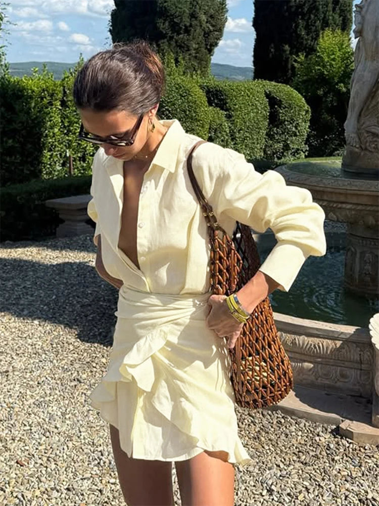 Women’s Casual Lace-Up Shirt Dress 2026 – Summer Long Sleeve Pleated Mini, Beach Cover-Up & Vacation Outfit