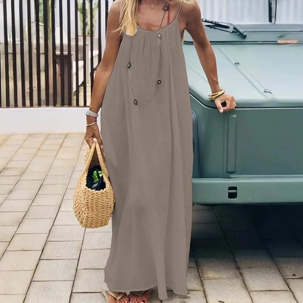 Temperament Suspender Women Dress 2026 Summer Pure Color Backless Loose Maxi Dress Elegant Versatile Big Swing Beach Dress