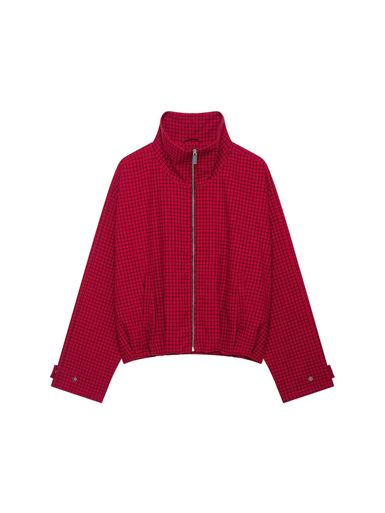Autumn Women Plaid Bomber Jacket New Stand Collar Pocket Retro Loose Fit Zipper Jacket Coats Fashion Female High Street Jacket