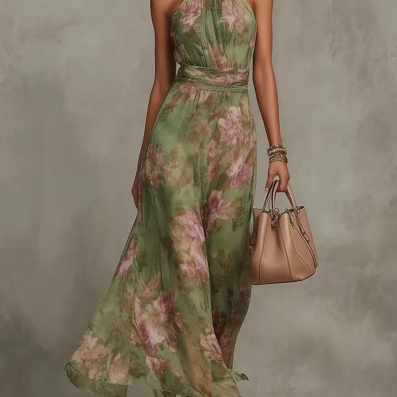 Elegant Halter Off-Shoulder Floral Chiffon Dress – Boho Sleeveless Summer Beach & Party Maxi