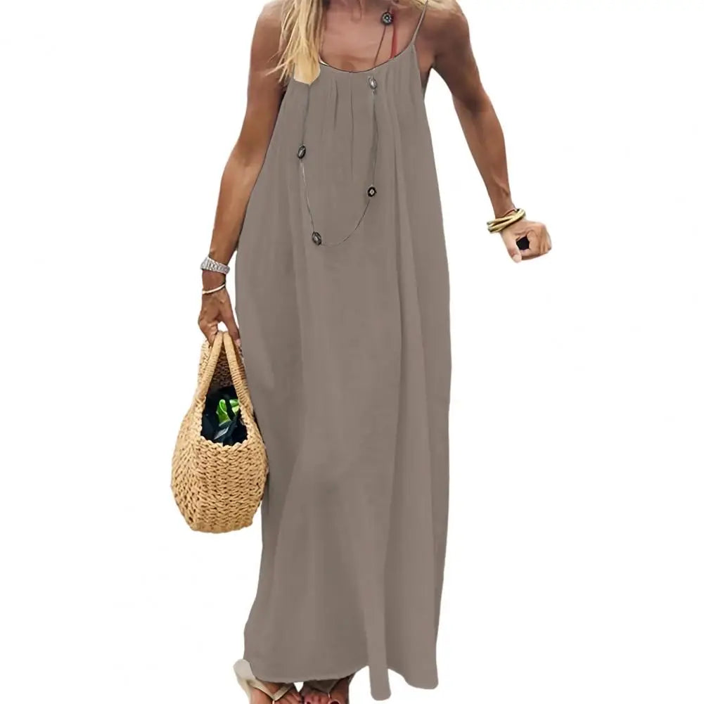 Temperament Suspender Women Dress 2026 Summer Pure Color Backless Loose Maxi Dress Elegant Versatile Big Swing Beach Dress