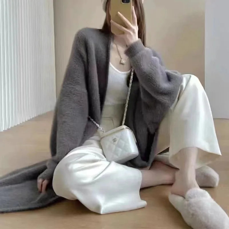 Relaxed Longline Faux Mink Knit Cardigan