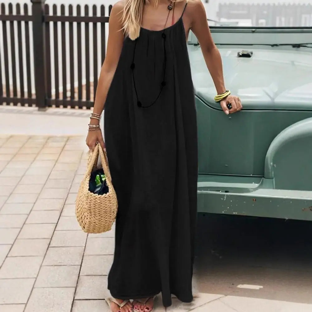 Temperament Suspender Women Dress 2026 Summer Pure Color Backless Loose Maxi Dress Elegant Versatile Big Swing Beach Dress