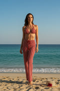 2026 Knitted Striped Halter 3-Piece Bikini Set with Tie Straight Pants – Stylish Beach Swimwear