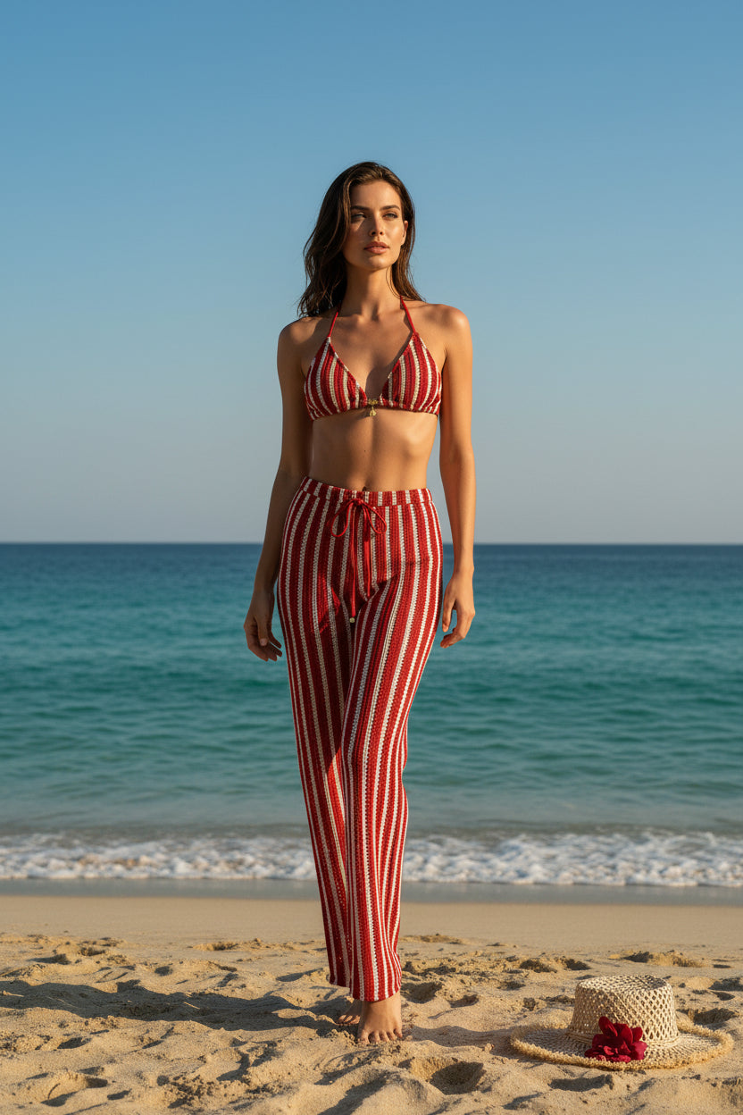 2026 Knitted Striped Halter 3-Piece Bikini Set with Tie Straight Pants – Stylish Beach Swimwear
