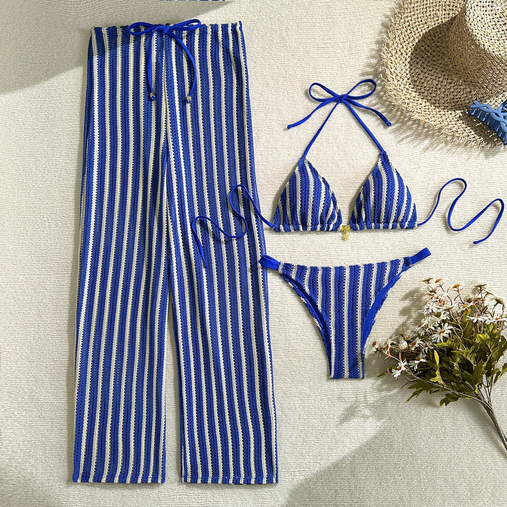 2026 Knitted Striped Halter 3-Piece Bikini Set with Tie Straight Pants – Stylish Beach Swimwear
