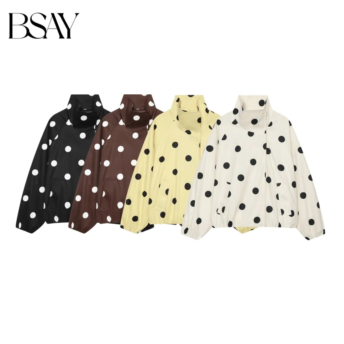 BSAY 2026 New Women Fashion Versatile Polka Dot Bomber Jacket, Stand Collar Zip Up Loose Cropped Casual Outerwear With Pockets
