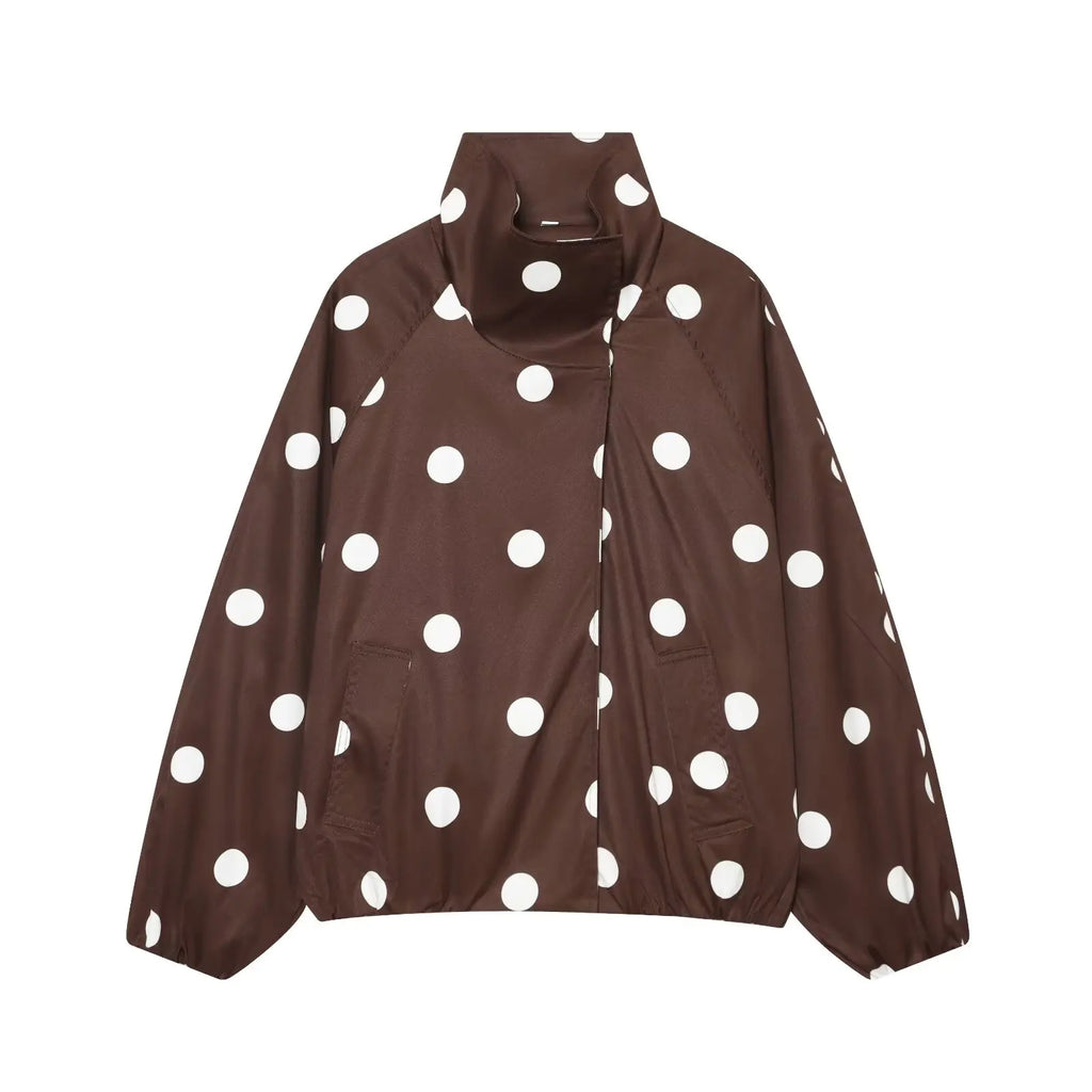 BSAY 2026 New Women Fashion Versatile Polka Dot Bomber Jacket, Stand Collar Zip Up Loose Cropped Casual Outerwear With Pockets