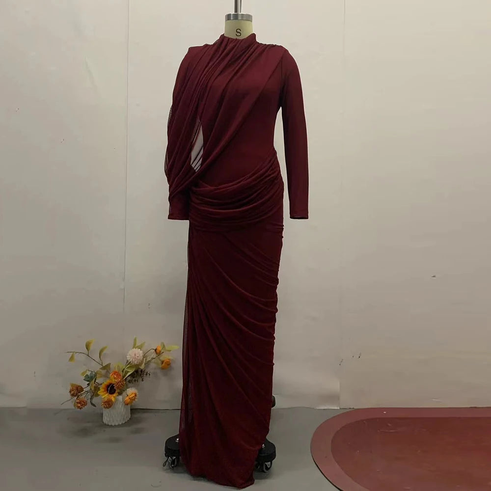 VGH Elegant Vintage Spliced Ribbon Dresses for Women Turtleneck Long Sleeve Irregular Folds Evening Luxurious Maxi Dress Female