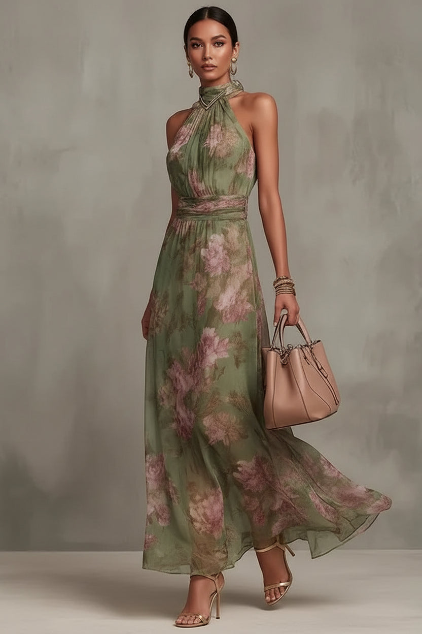 Elegant Halter Off-Shoulder Floral Chiffon Dress – Boho Sleeveless Summer Beach & Party Maxi