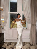 Solid White Strapless High Waist Maxi Dress Women Elegant Sleeveless Backless Pleated Satin Slim Dresses  Party Evening Gowns