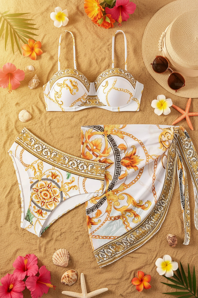 Stylish 3-Piece Summer Beach Set for Women — Chain Print Wrap Dress with Bikini Swimwear