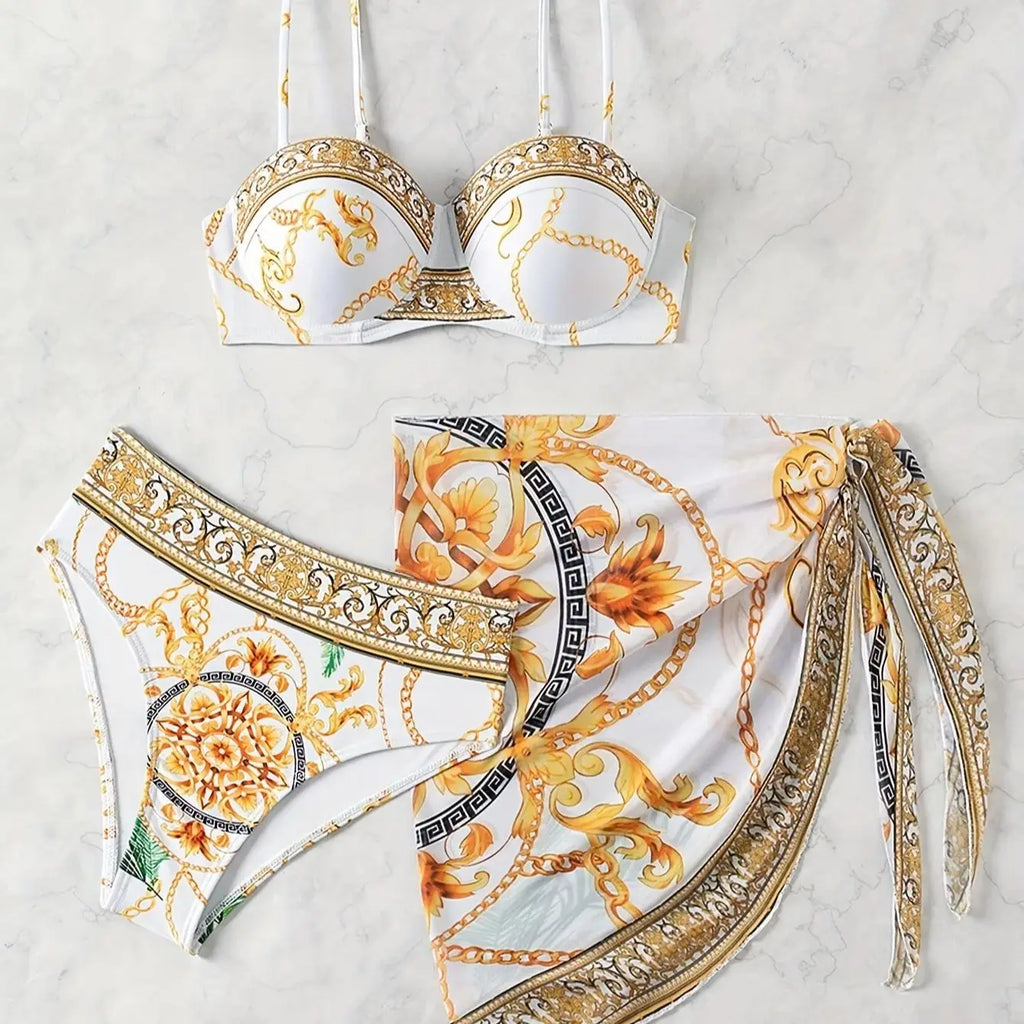 Stylish 3-Piece Summer Beach Set for Women — Chain Print Wrap Dress with Bikini Swimwear