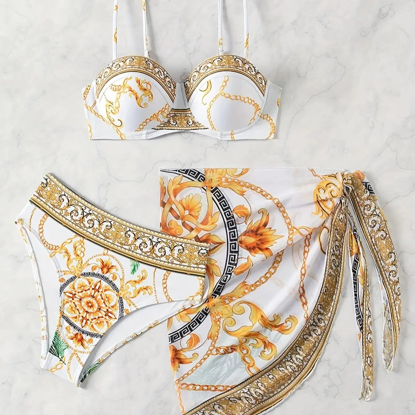 Stylish 3-Piece Summer Beach Set for Women — Chain Print Wrap Dress with Bikini Swimwear