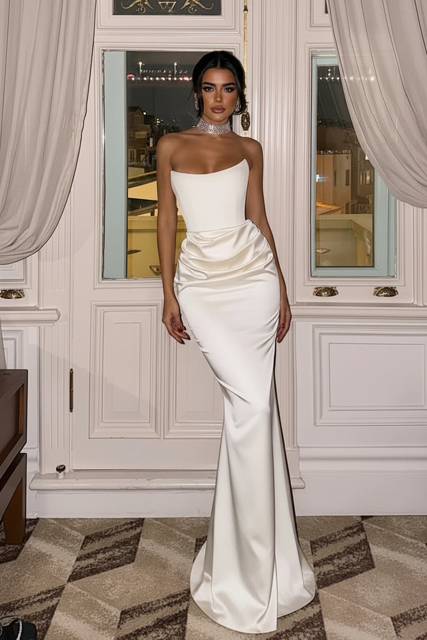Solid White Strapless High Waist Maxi Dress Women Elegant Sleeveless Backless Pleated Satin Slim Dresses  Party Evening Gowns
