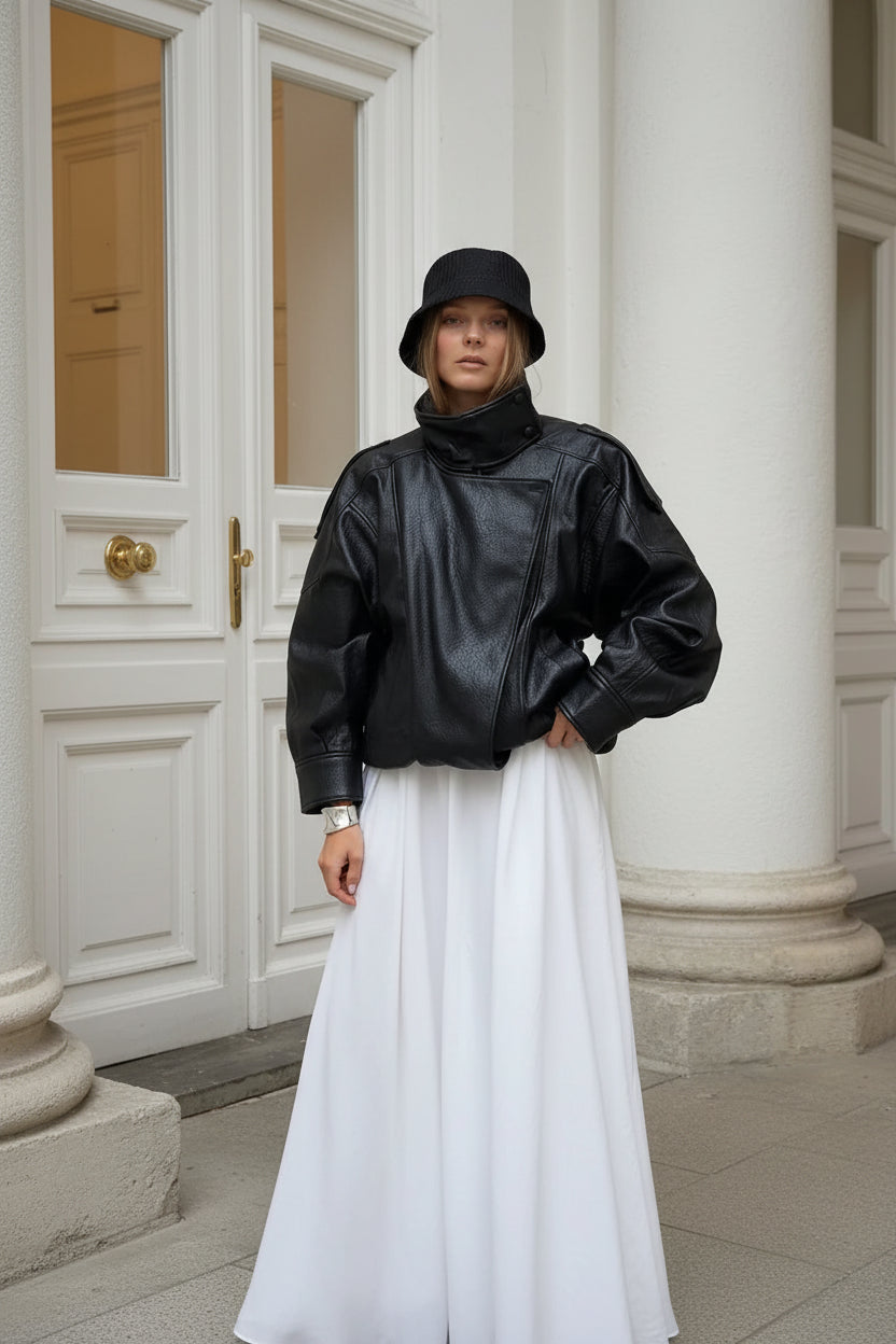 Women's Faux Leather Jacket – Chic Long Sleeve Coat