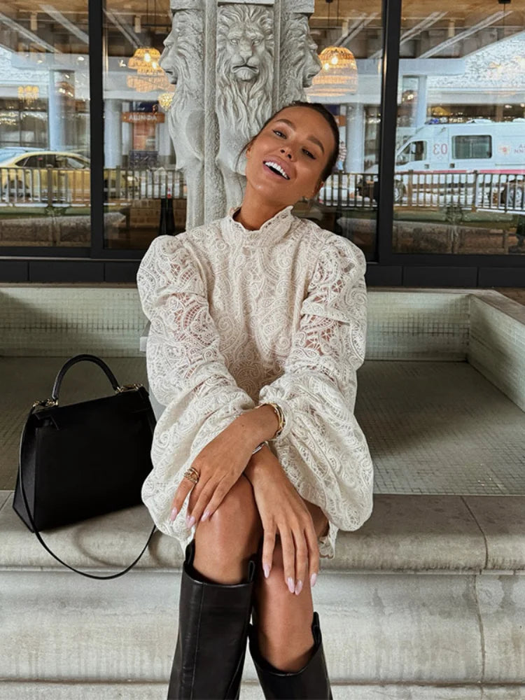 Women Lace Hollow Out Mini Dress Elegant Long Sleeve Designs Chic High Neck Short 2026 Trendy Spring Club Night Gown