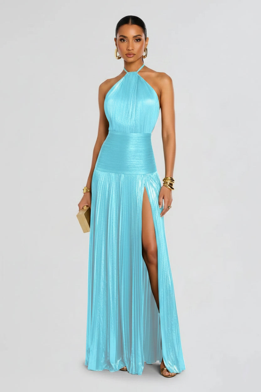 Gold Halter Neck Evening Dress Woman Chic Solid Color Pleated Backless Package Hip Slit Dress Fashion Trendy Lady Party Vestidos