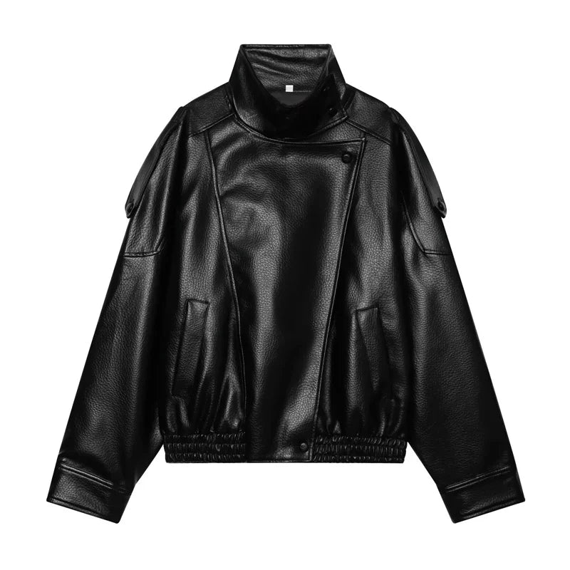 Women's Faux Leather Jacket – Chic Long Sleeve Coat
