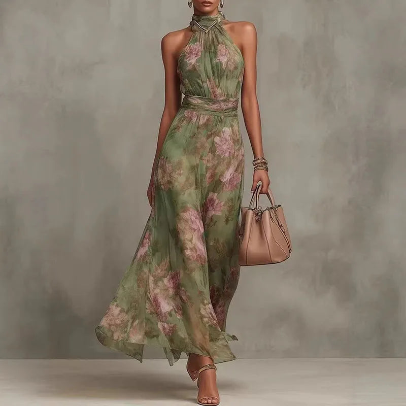 Elegant Halter Off-Shoulder Floral Chiffon Dress – Boho Sleeveless Summer Beach & Party Maxi
