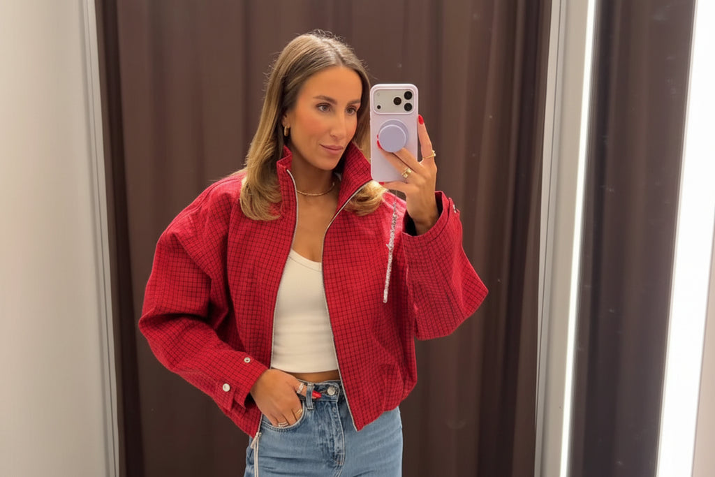 Autumn Women Plaid Bomber Jacket New Stand Collar Pocket Retro Loose Fit Zipper Jacket Coats Fashion Female High Street Jacket