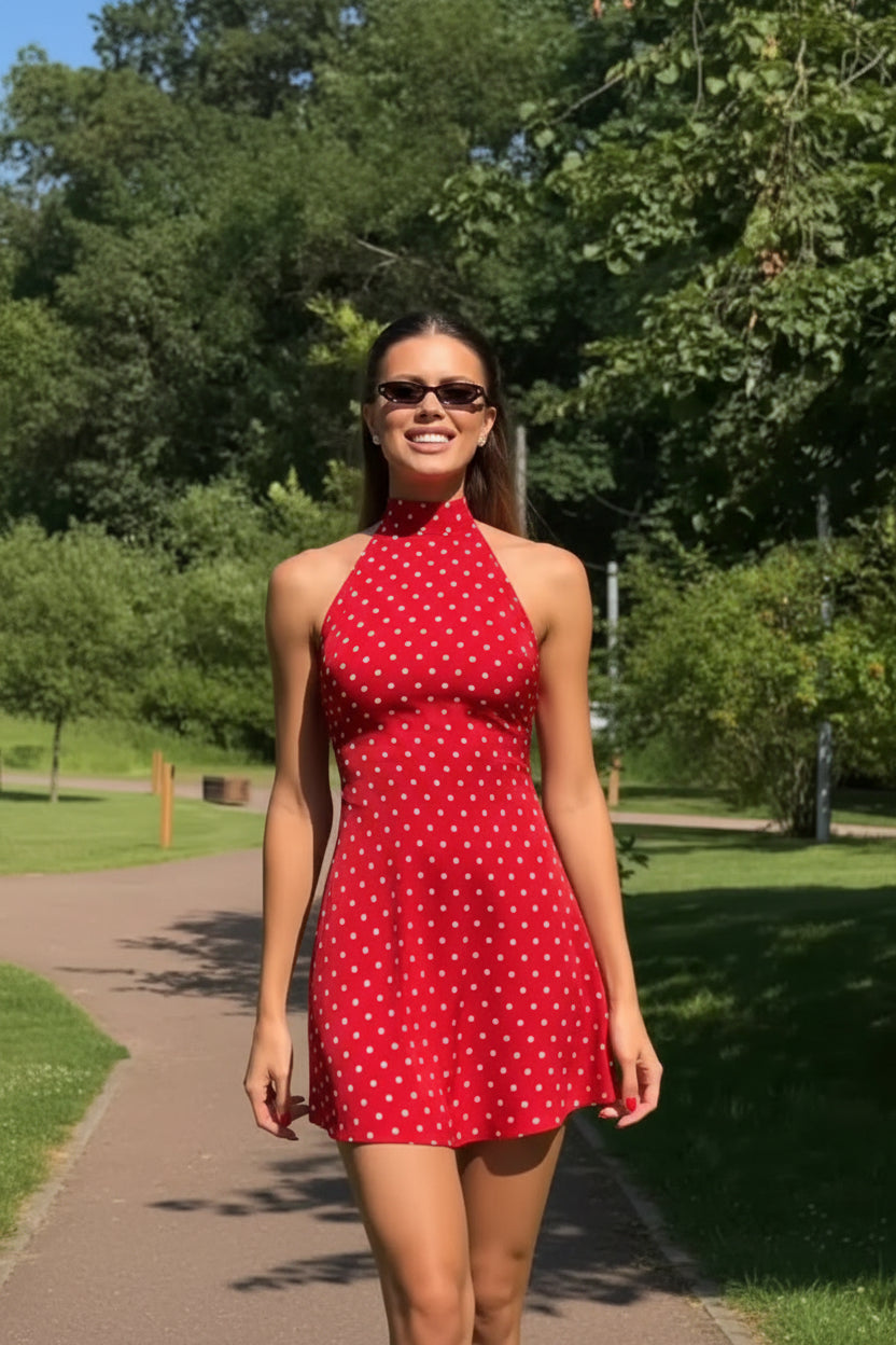 2026 Halter Dot Print Sleeveless Mini Dress – Backless O-Neck Sheath for Women