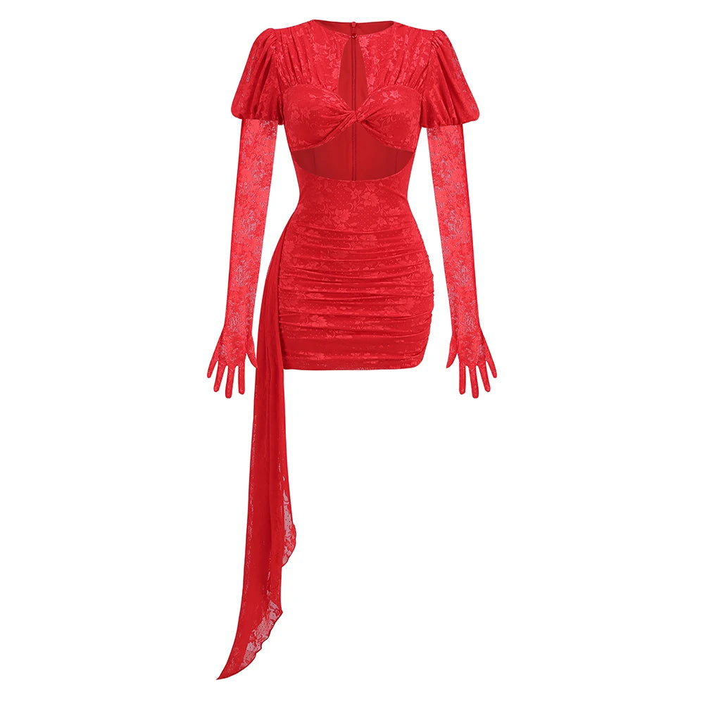 New Fashion Red White Women Gloves Sexy Bodycon Mini Draped Dress Nightclub Party Bar Singer Birthday Celebrate Dress