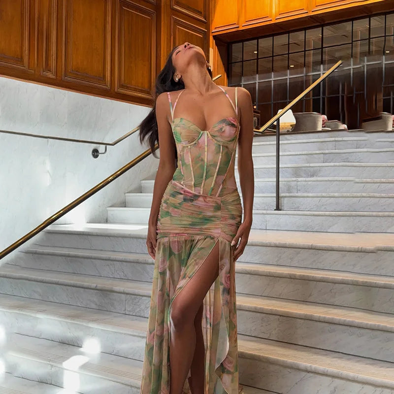 Sleeveless Floral Print Long Dresses Fashion Women Split Spaghetti Strap Summer Bodycon Casual Beach Evening Party