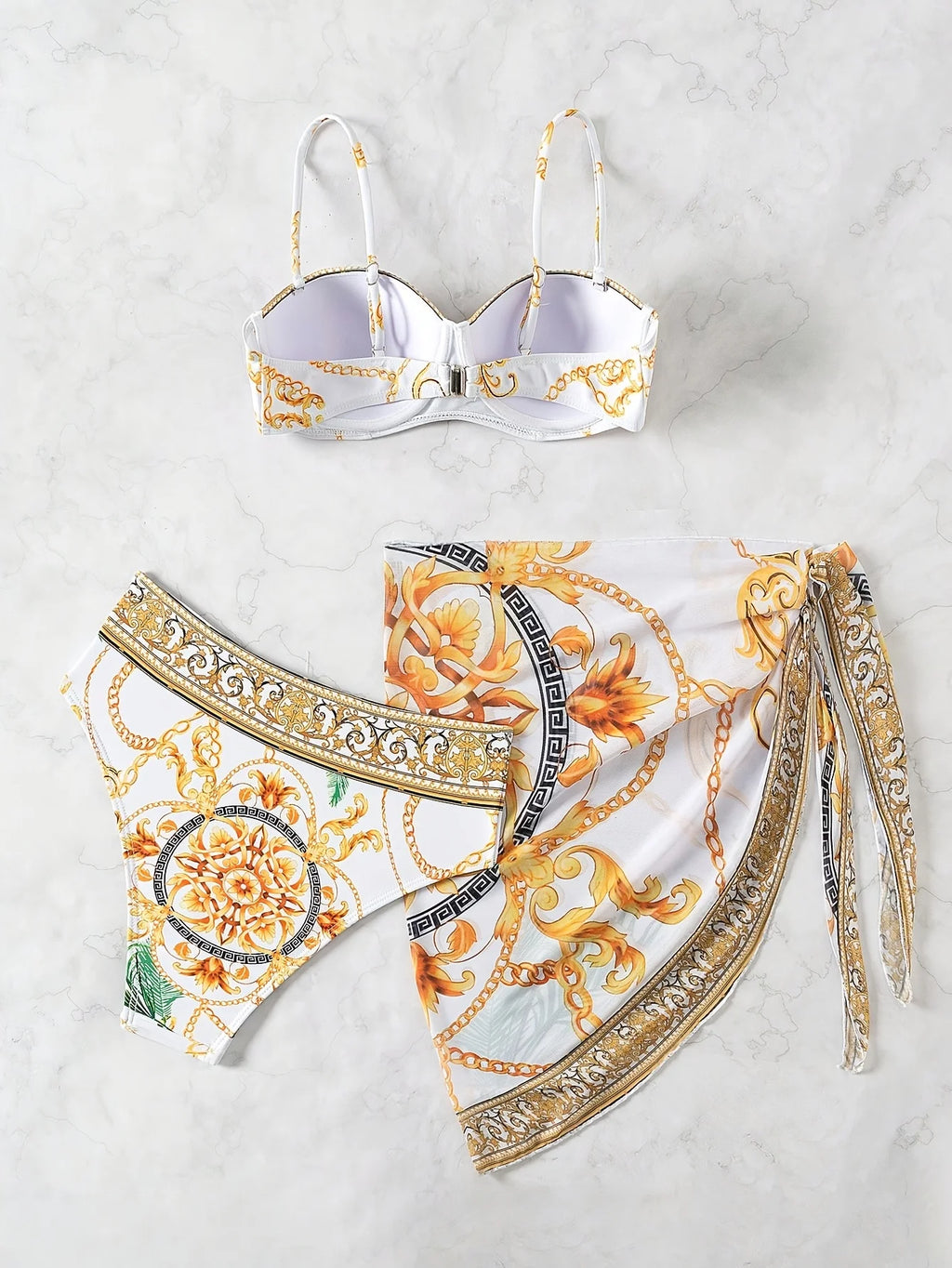 Stylish 3-Piece Summer Beach Set for Women — Chain Print Wrap Dress with Bikini Swimwear