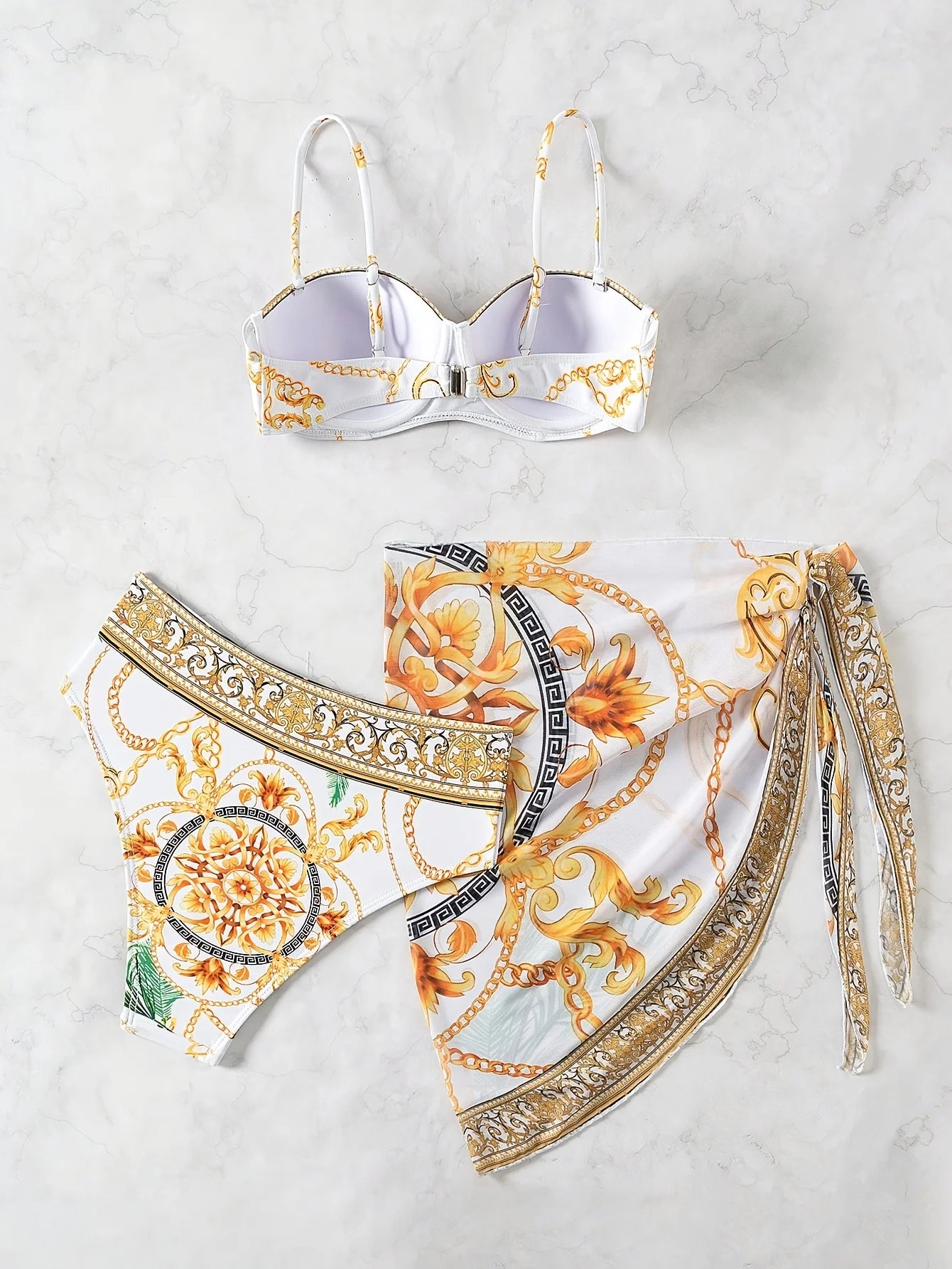 Stylish 3-Piece Summer Beach Set for Women — Chain Print Wrap Dress with Bikini Swimwear