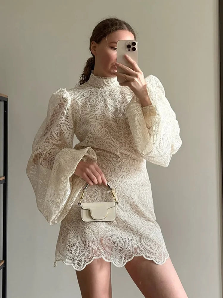 Women Lace Hollow Out Mini Dress Elegant Long Sleeve Designs Chic High Neck Short 2026 Trendy Spring Club Night Gown