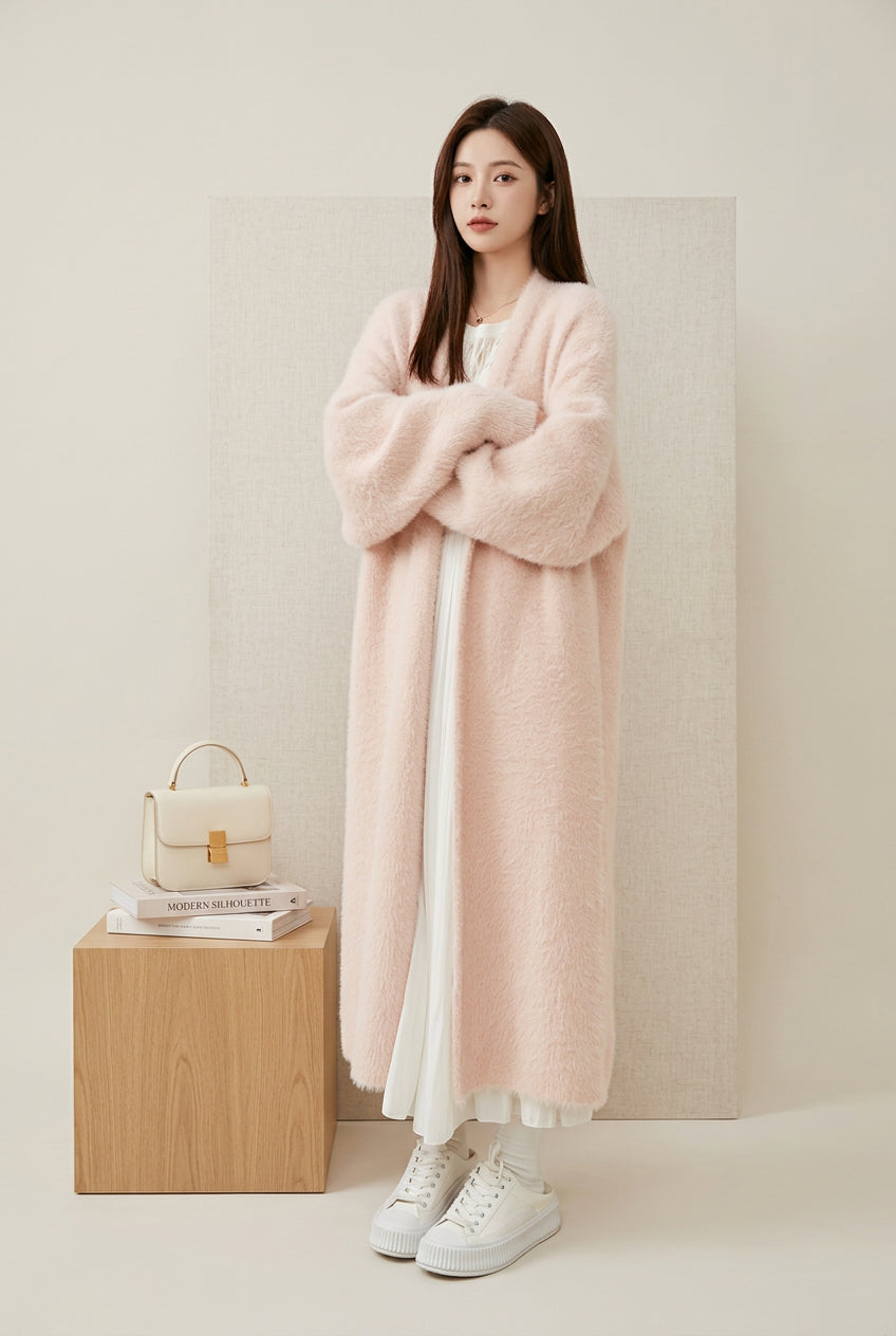 Relaxed Longline Faux Mink Knit Cardigan
