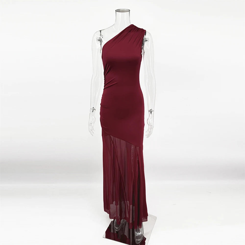 Off Shoulder See Through Dress Solid High Waist Patchwork Backless Slim Long Dress Women Vacation Party Evening Dresses