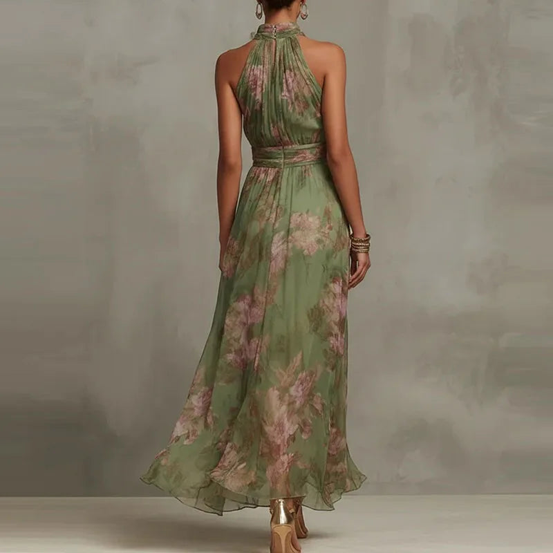 Elegant Halter Off-Shoulder Floral Chiffon Dress – Boho Sleeveless Summer Beach & Party Maxi