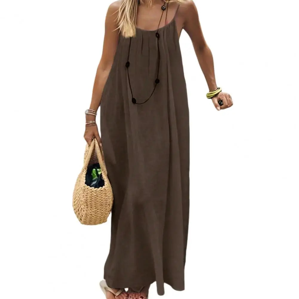Temperament Suspender Women Dress 2026 Summer Pure Color Backless Loose Maxi Dress Elegant Versatile Big Swing Beach Dress