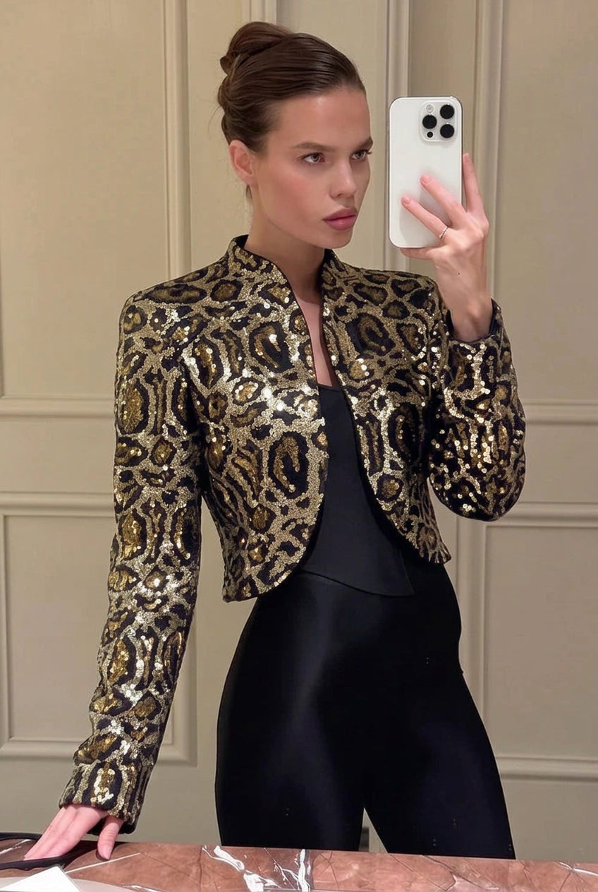 Leopard Print Cropped Jacket with Sequin Detail