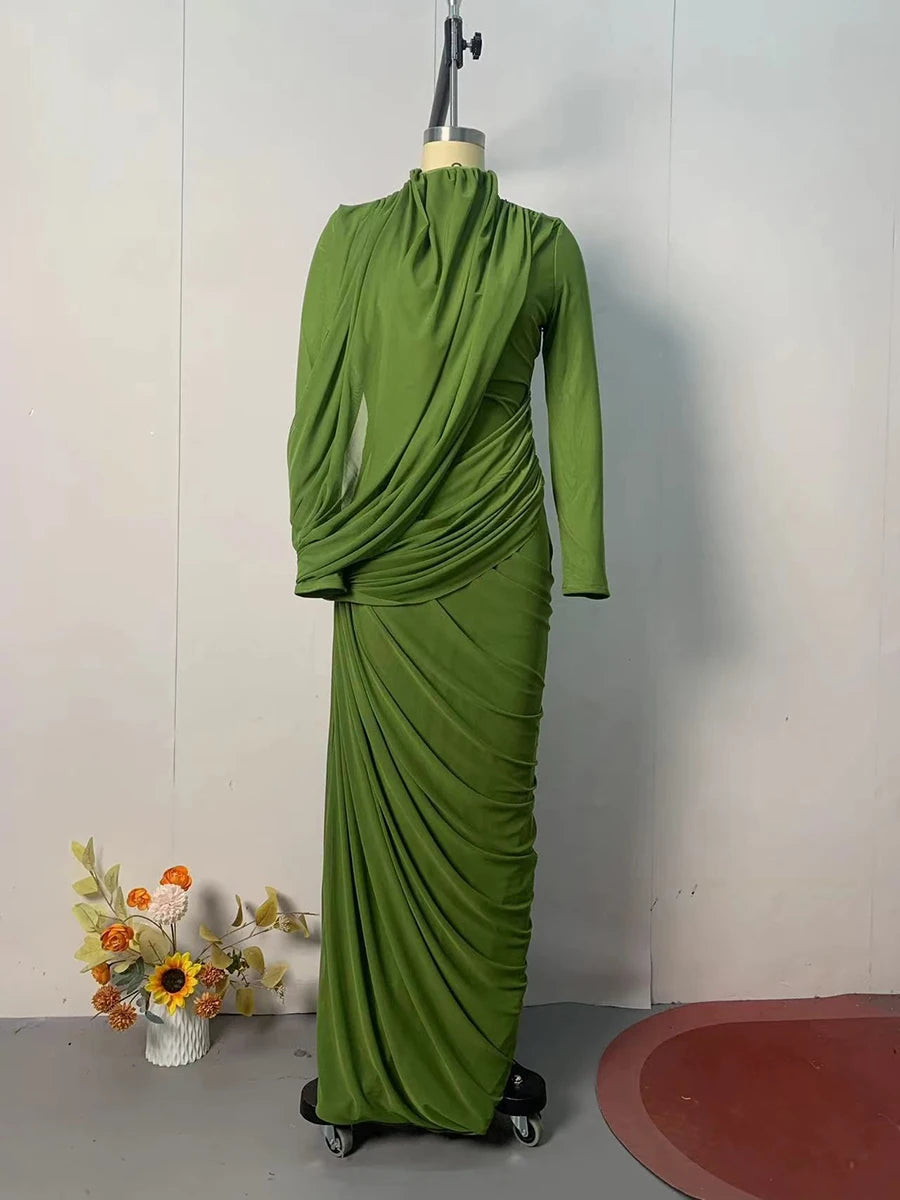 VGH Elegant Vintage Spliced Ribbon Dresses for Women Turtleneck Long Sleeve Irregular Folds Evening Luxurious Maxi Dress Female