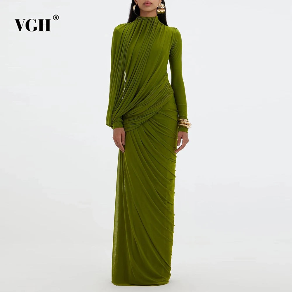 VGH Elegant Vintage Spliced Ribbon Dresses for Women Turtleneck Long Sleeve Irregular Folds Evening Luxurious Maxi Dress Female