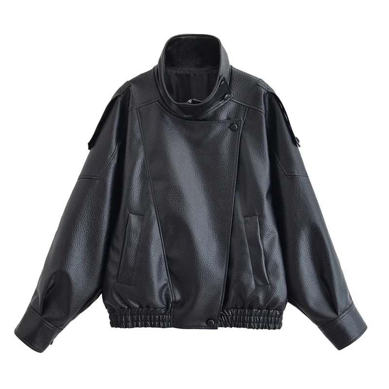 Women's Faux Leather Jacket – Chic Long Sleeve Coat