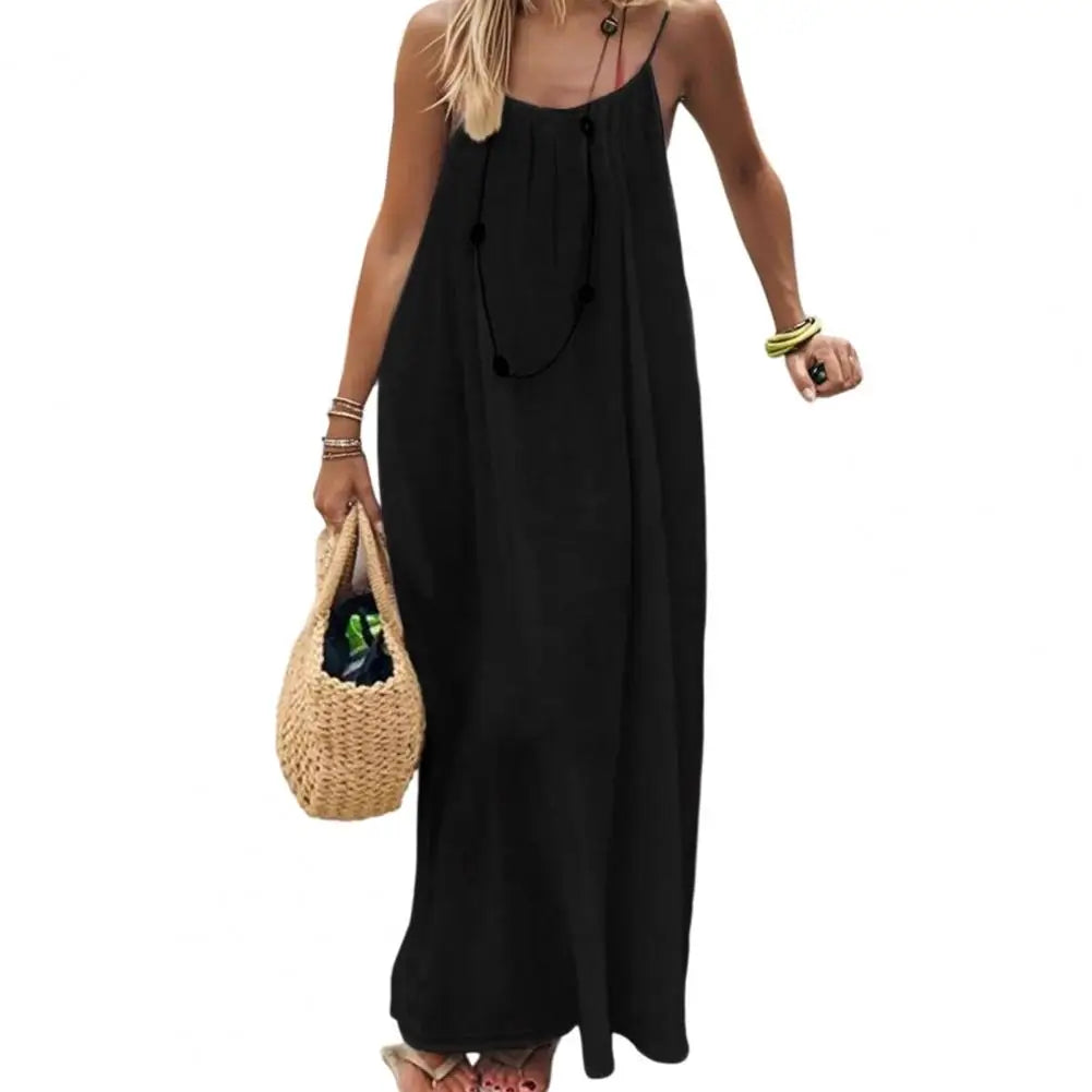Temperament Suspender Women Dress 2026 Summer Pure Color Backless Loose Maxi Dress Elegant Versatile Big Swing Beach Dress