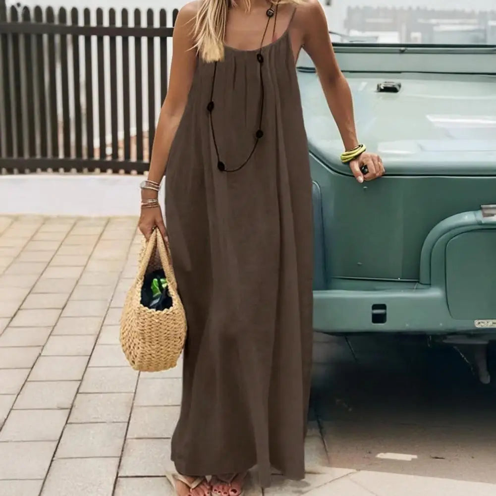 Temperament Suspender Women Dress 2026 Summer Pure Color Backless Loose Maxi Dress Elegant Versatile Big Swing Beach Dress