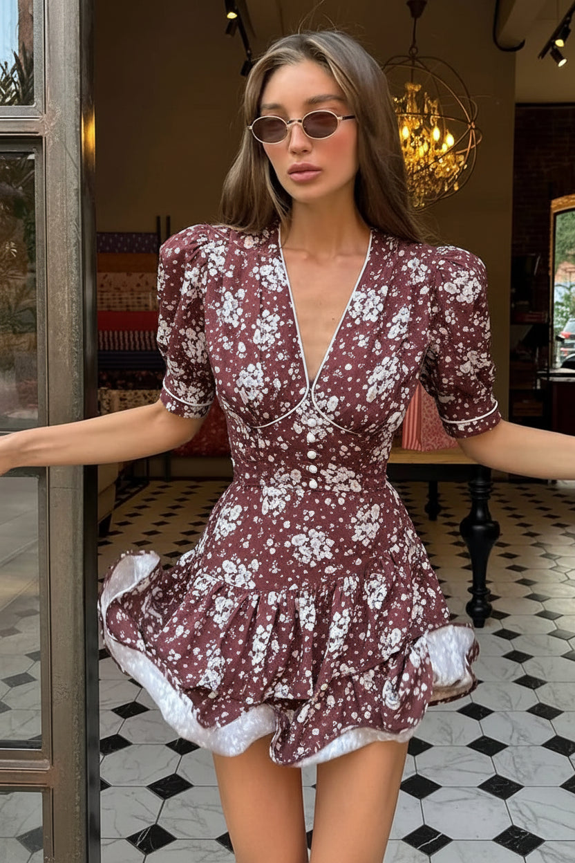 TTQV Summer Slim Print Women's Dress 2026 Sexy V-Neck Short Sleeve Mini Dresses Elegant Classic Pleated Female Dress Streetwear