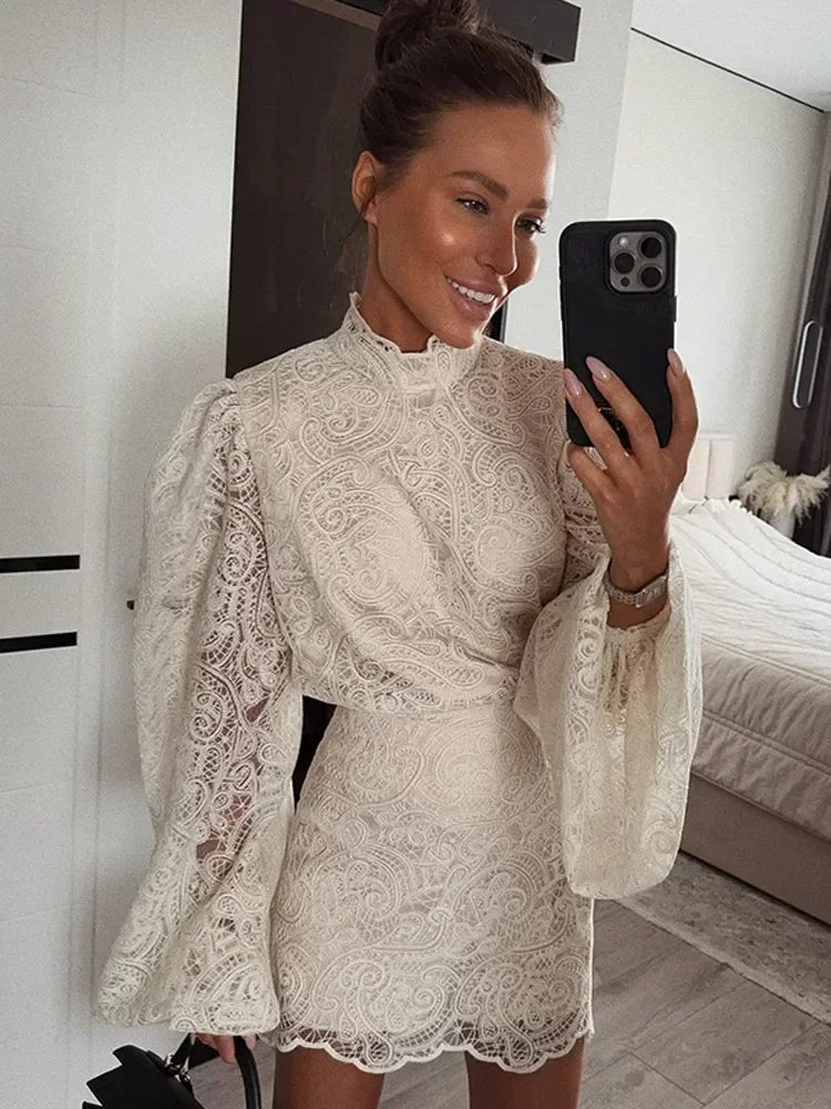 Women Lace Hollow Out Mini Dress Elegant Long Sleeve Designs Chic High Neck Short 2026 Trendy Spring Club Night Gown